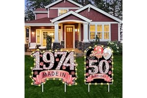 PUYRUIV 2Pcs Rose Gold 50th Birthday Yard Sign Decoration with String Lights for Women,Happy 50th Birthday Made in 1974 Lawn Sign Party Supplies, Fifty Year Old Birthday with Lights Yard Decor with Stakes