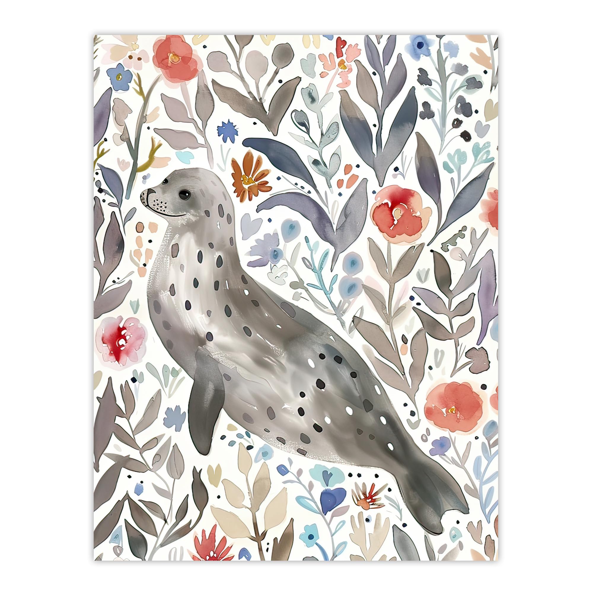 Artery8 Happy Seal with Coastal Wildflowers Watercolour Living Room Extra Large XL Wall Art Poster Print