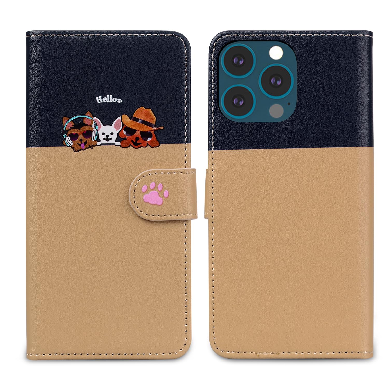 Nbziyoo Phone Case for iPhone 13 Pro,Cartoon Cats/Dogs Patterns Flip Wallet Case with Card Slots, Premium Magnetic PU Leather Cover Case for iPhone 13 Pro, Khaki