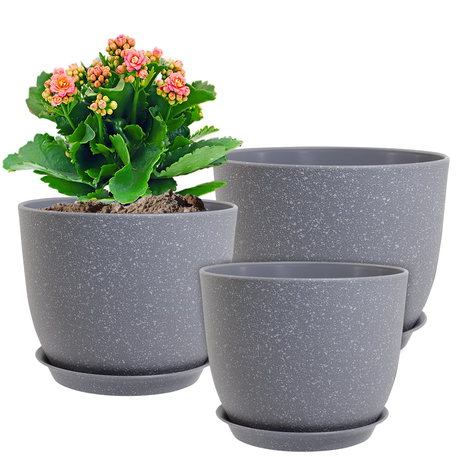 Photo 1 of WSMKSZ Flower Pots 9/8/7.5inch, Set of 3 Modern Decorative Plastic Planters with Drainage Holes and Saucers for Garden House Plants, Plant Pots for Indoor Outdoor Plants, Speckled Grey