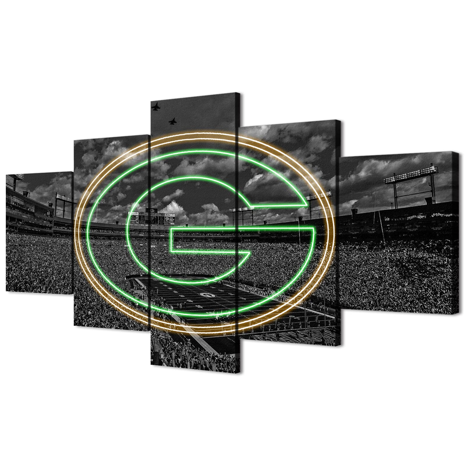 Photo 1 of (60X100CM/5PCS) Frame Canvas Print Poster - Green Bay American football Field Stadium with Neon Packers - Black and White Sports Wall Art for Home and Office Decor