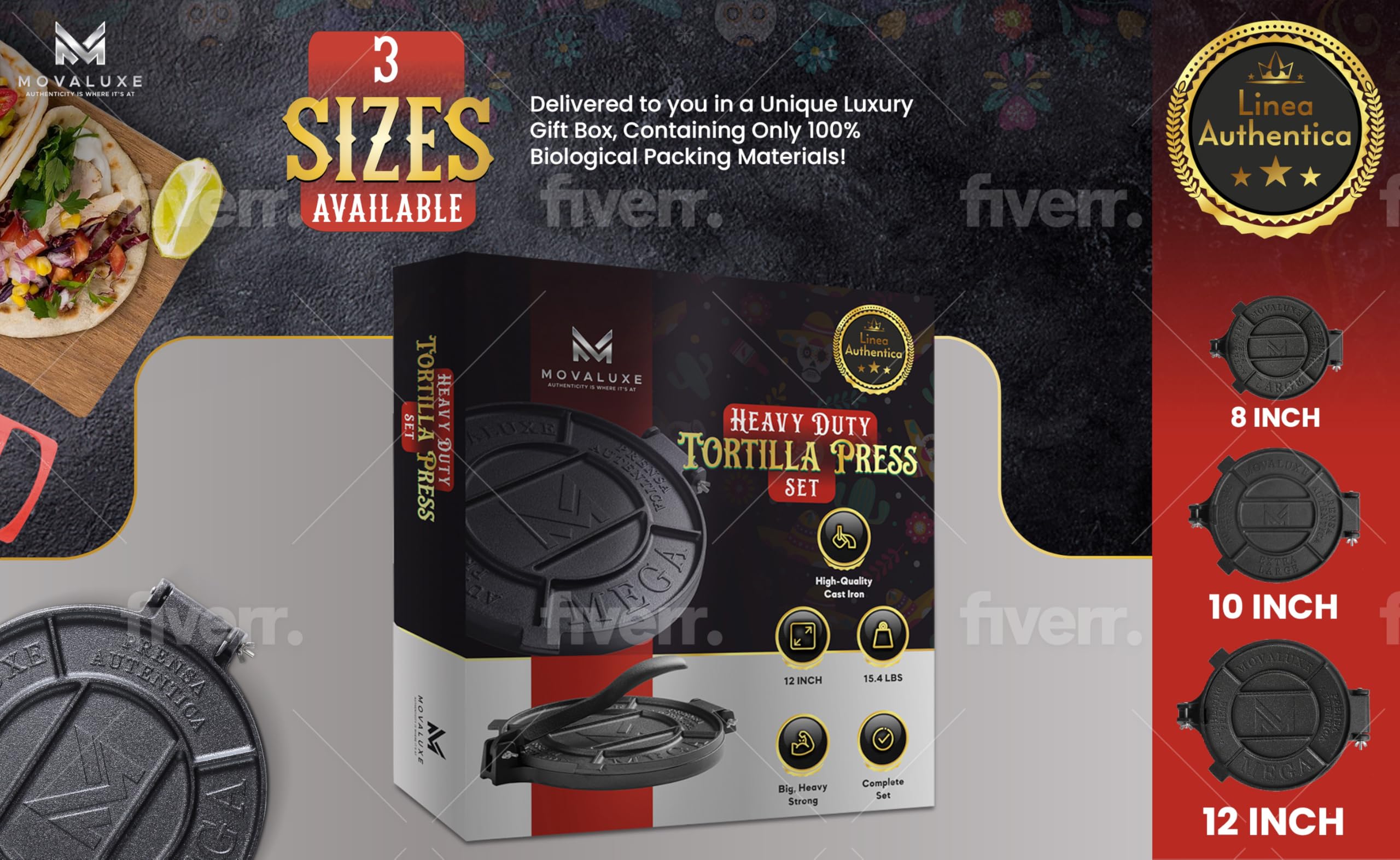 MOVALUXE® - Tortilla Press 12 inch Cast Iron Tortillas Maker. A Gift Set with a Warmer Pouch, 6 Taco Holders, Parchment Paper, Rubber Mat and Recipe E-book. The Perfect Roti, Chapati Dough Press