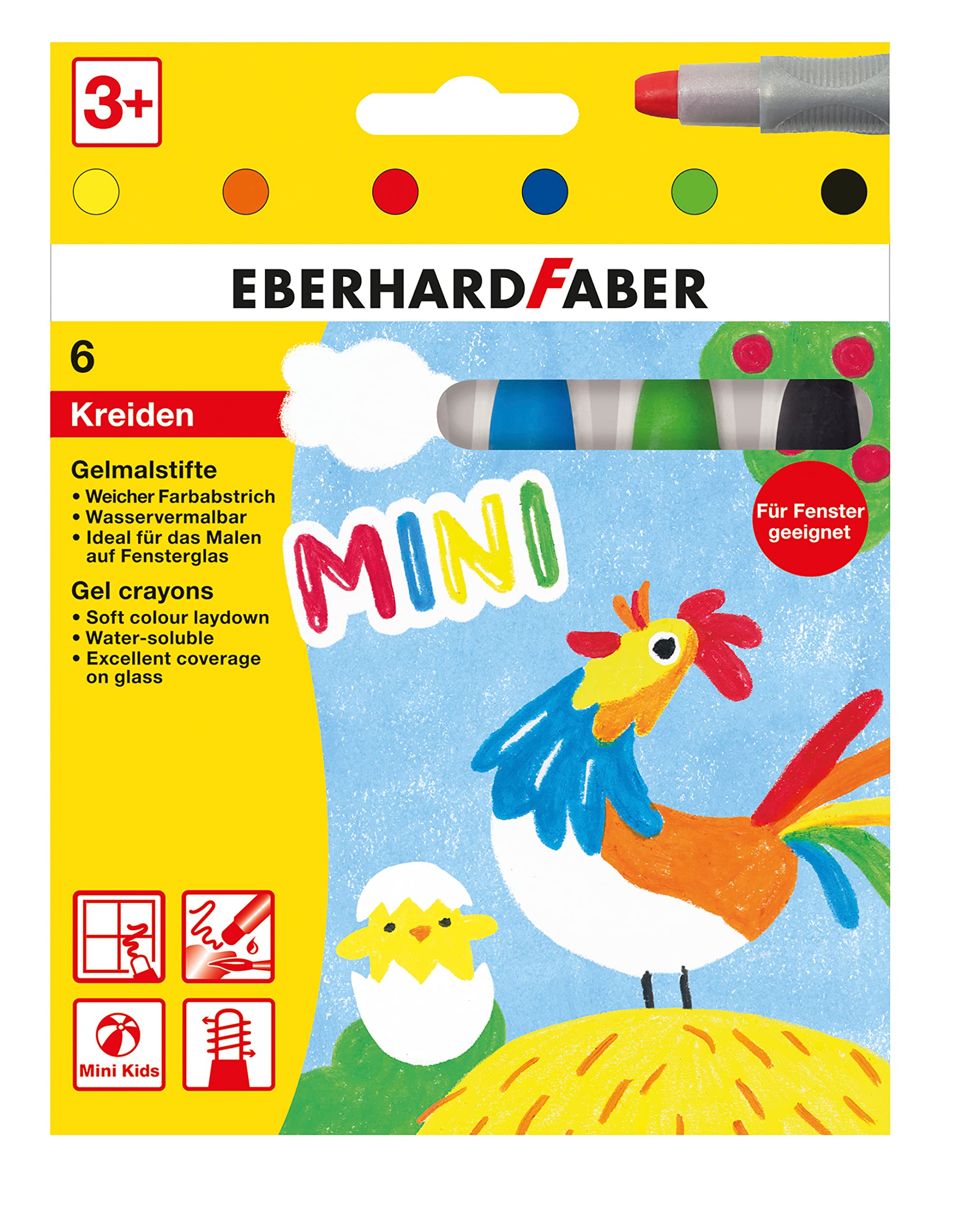 Eberhard Faber 529006 Gel Crayons Basic in 6 Bright Colours, with Sliding Sleeve, Soft Paint Setting, in Cardboard Case, Suitable for Painting on Windows