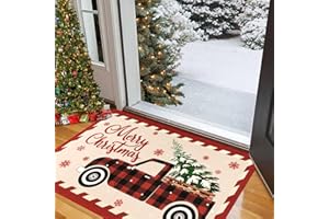 Ileading Red Truck Merry Christmas Doormat 32 x 48 in Xmas Tree Large Winter Welcome Mat Low Profile Indoor Entrance Mat Cute Washable Floor Mat Carpet for Indoor Outdoor Front Door Porch Entry Floor