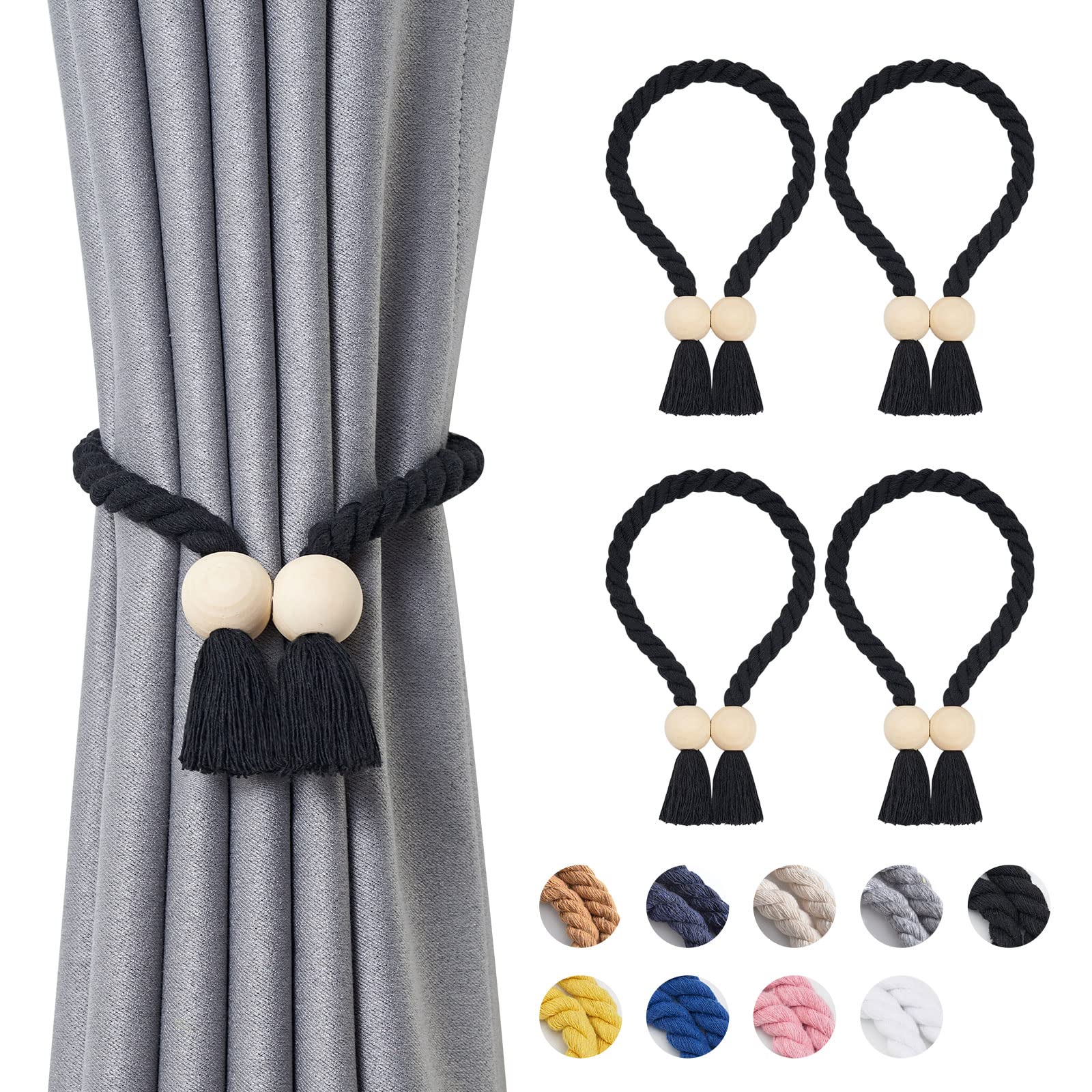 Pretty Jolly 4 Pack Wooden Ball Magnetic Curtain Tiebacks Boho Home Decor Drape Tie Backs Natural Cotton Hand Woven Rope Curtain Holdbacks for Thin & Thick Home & Office Window Draperies (Black)