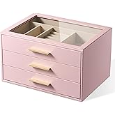 pickpiff Jewelry Box Organizer Case for Women: 3-Layer Jewelry Storage Case with Glass Window, Pink Leather with Velvet Holder for Ring Necklace Bracelet Brooch Watch, Great Gift for Her