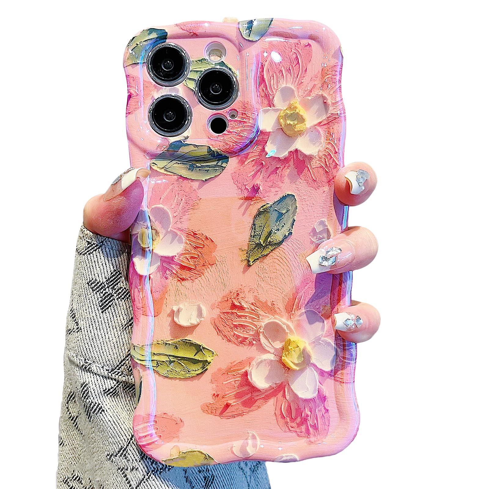 UEEBAI Case for iPhone 15 Pro, Colorful Retro Oil Painting Flower Case Pretty Glossy Pattern Wave Cover Cute Sparkly Floral Curly Cover Stylish Shell for Women Girl, Pink White
