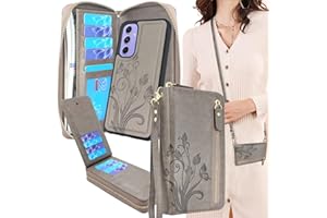 Lacass for Samsung Galaxy A54 5G 2023 Crossbody Dual Zipper Detachable Magnetic Leather Wallet Case Cover Wristlets Wrist Strap 13 Card Slots Money Pocket (Floral Gray)