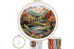 FONNUY Embroidery Kit for Beginners, Boho Nature Landscape Pre-Stamped Pattern Kits for Adults with Hoop, Easy to Follow Color Thread Needlework, 8'' Hoop (Flowers Hills)