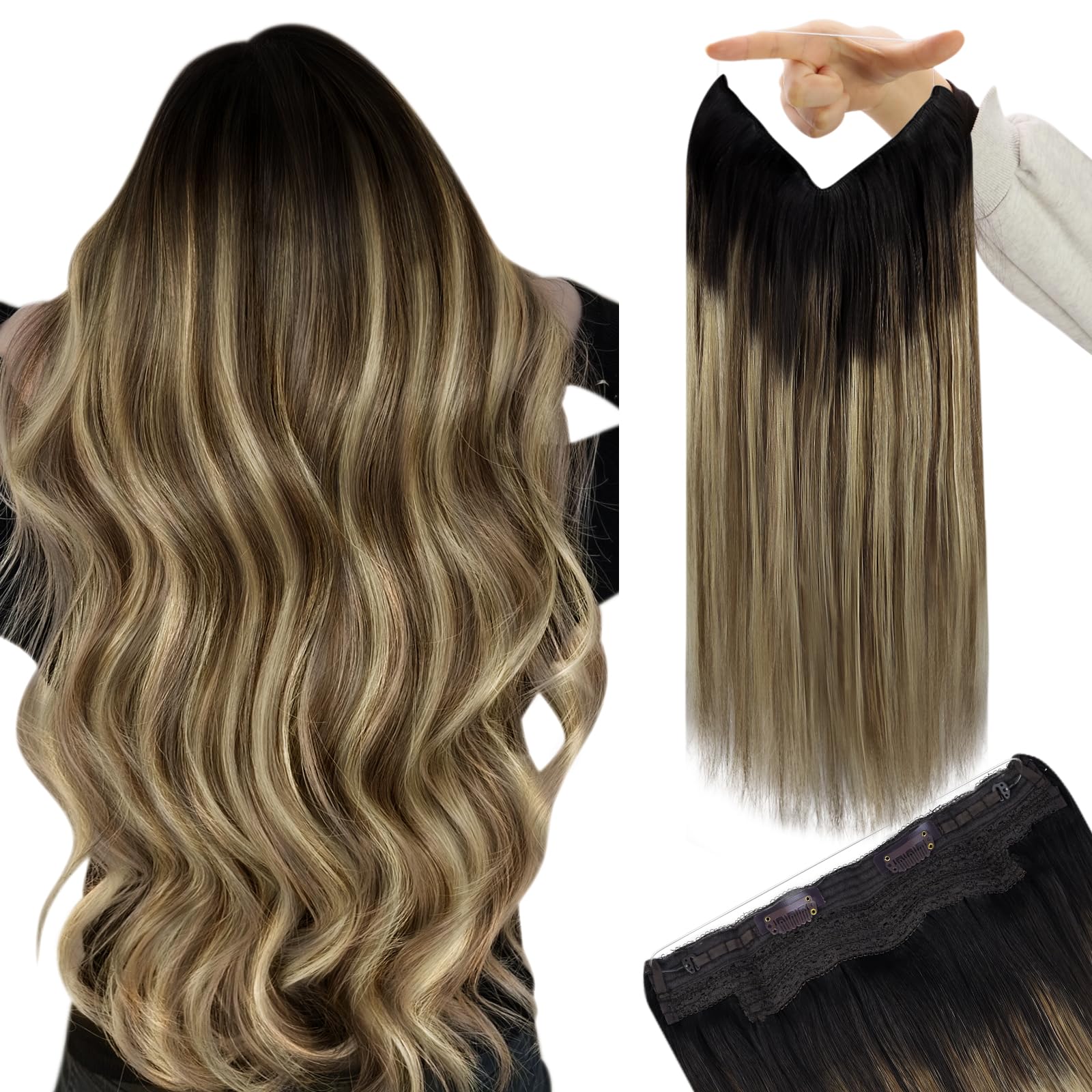 YoungSee Wire Real Human Hair Extensions Balayage 18inch 80g Secret Wire Hair Extensions Balayage Dark Brown Roots Blending into Medium Brown with Warm Blonde Highlights Hair Extensions Wire — image 1