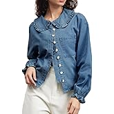 Womens Puff Long Sleeve Denim Shirts Peter Pan Collar Button Down Jean Blouse Casual Denim Tops with Pocket