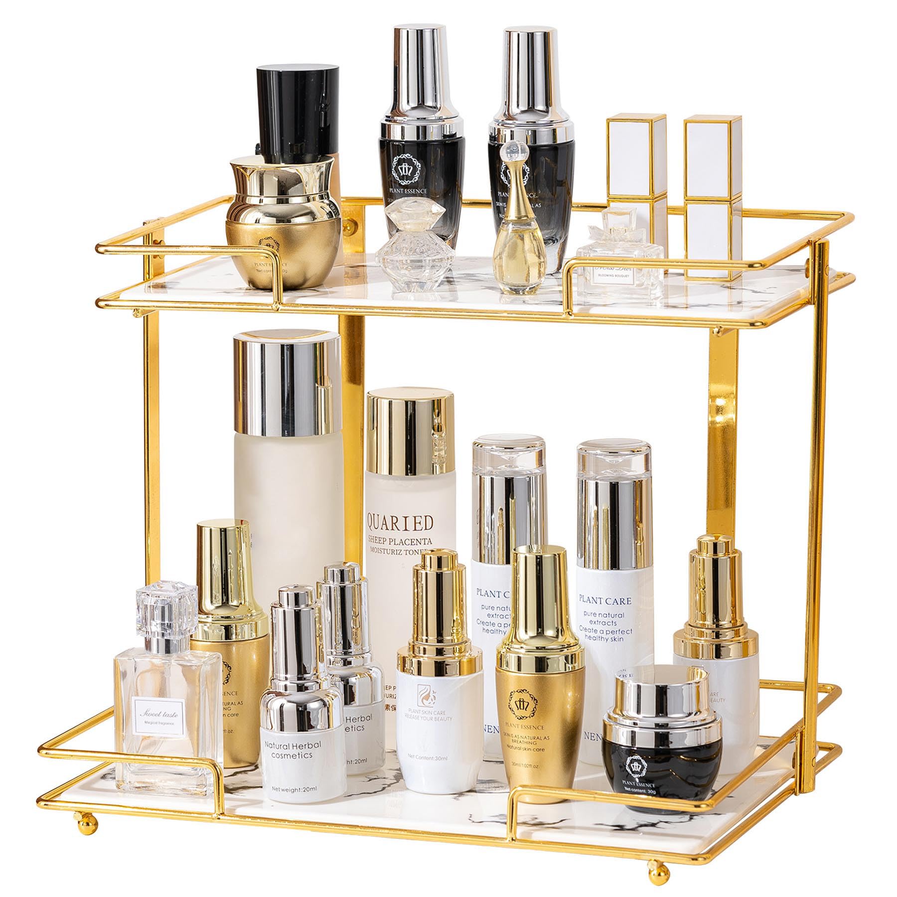 Photo 1 of QTTCMY 2 Tier Bathroom Cabinet Countertop Organizer Perfume Lipstick Makeup Organizer Cosmetics Storage Display Rack Vanity Tray Metal Dresser Storage Shelf White Marble Ceramic Tray Golden