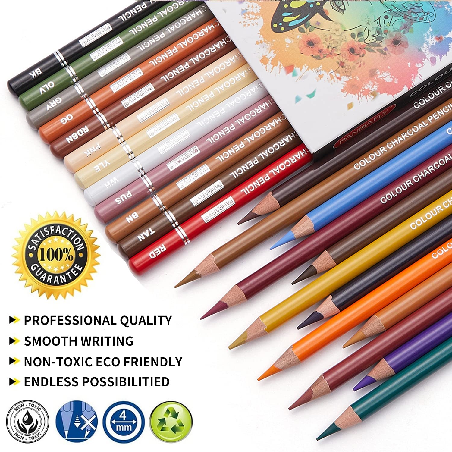 PANDAFLY Professional Colored Charcoal Pencils Drawing Set, Skin Tone Colored Pencils, Pastel Chalk Pencils for Sketching, Shading, Coloring, Layering & Blending, 24 Colors