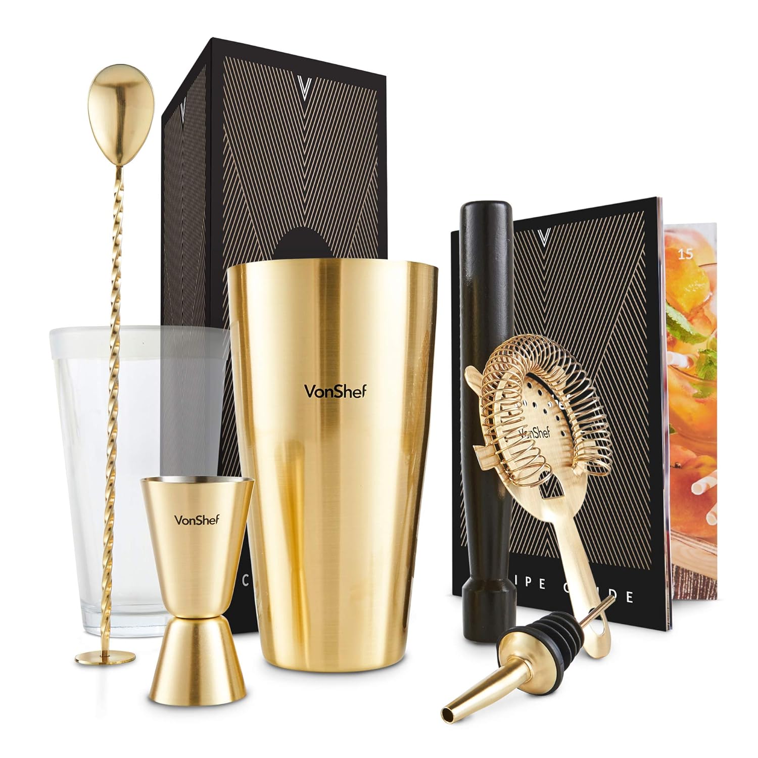 VonShef 8 Piece Cocktail Set Boston Cocktail Shaker Kit in Gift Box