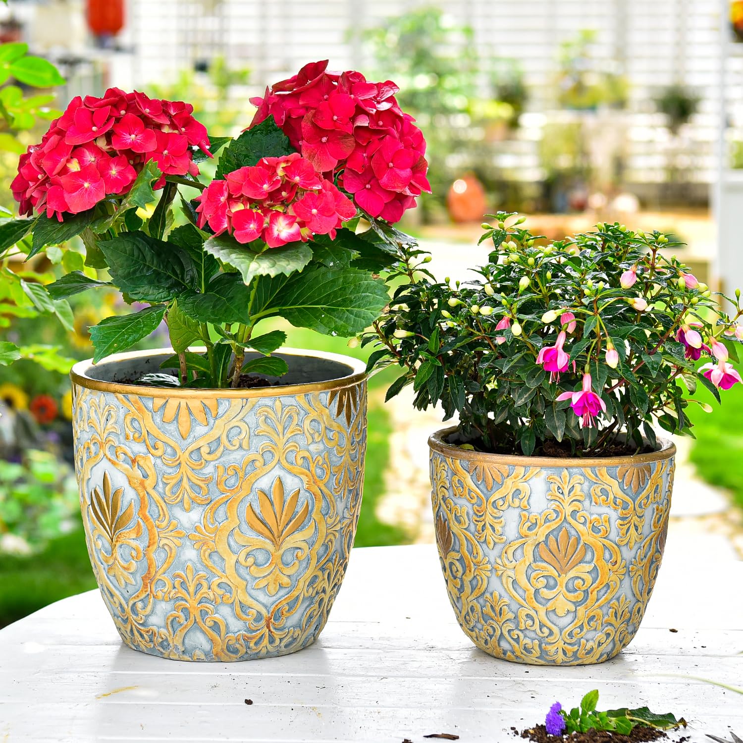 Photo 1 of Sungmor Large Heavy Duty Cement Planters, Beautiful Embossed Concrete Garden Pots, 8" & 10" Set of 2 Plant Pots with Drainage Hole, Home Garden Decorative Flower Pots for Indoor Outdoor Plants Floral