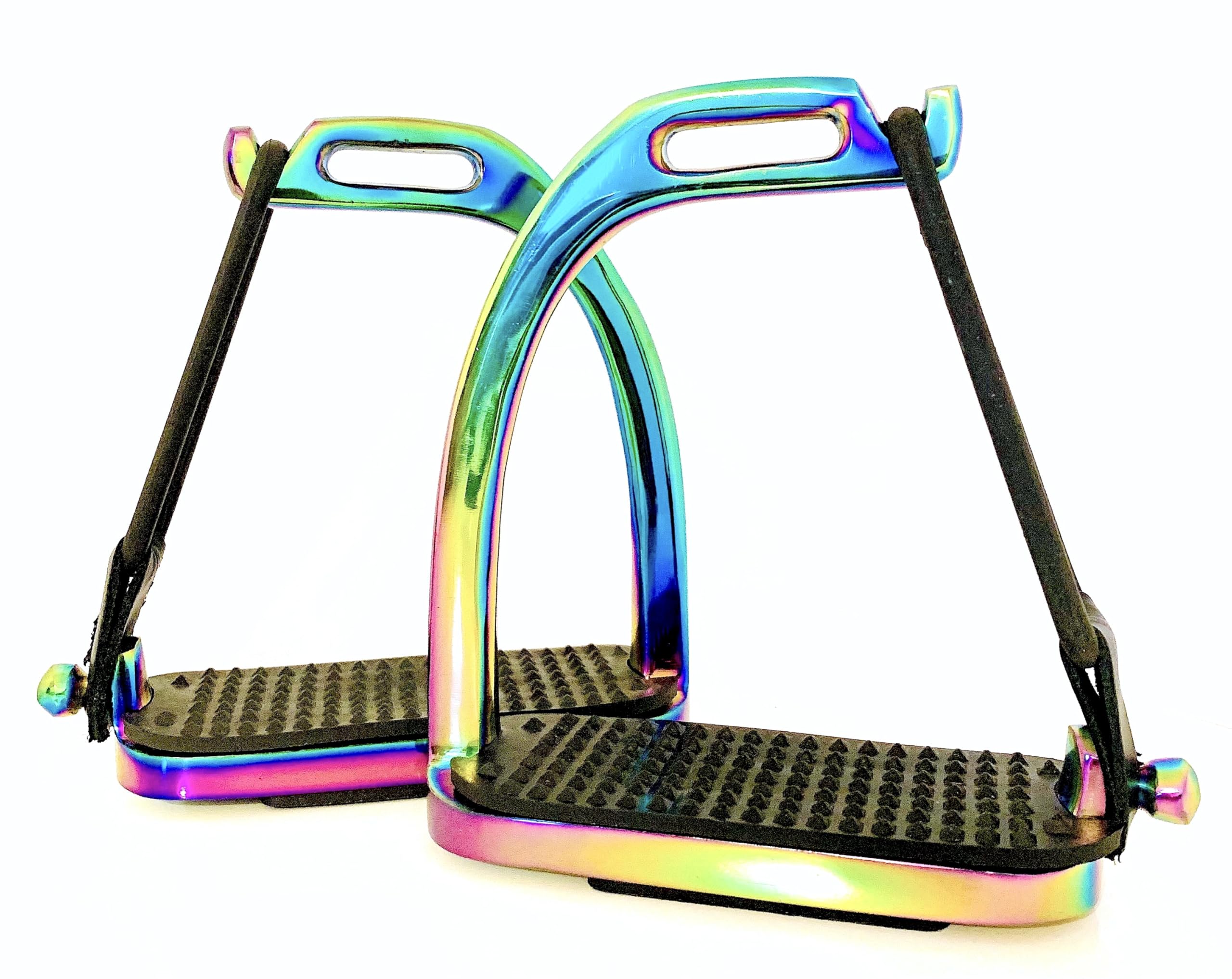 EXTREME PEACOCK RAINBOW Gloss Fillis Safety STIRRUPS Horse Riding S/Steel With Black Treads 4" & 4.75" (Rainbow, 4 Inches)