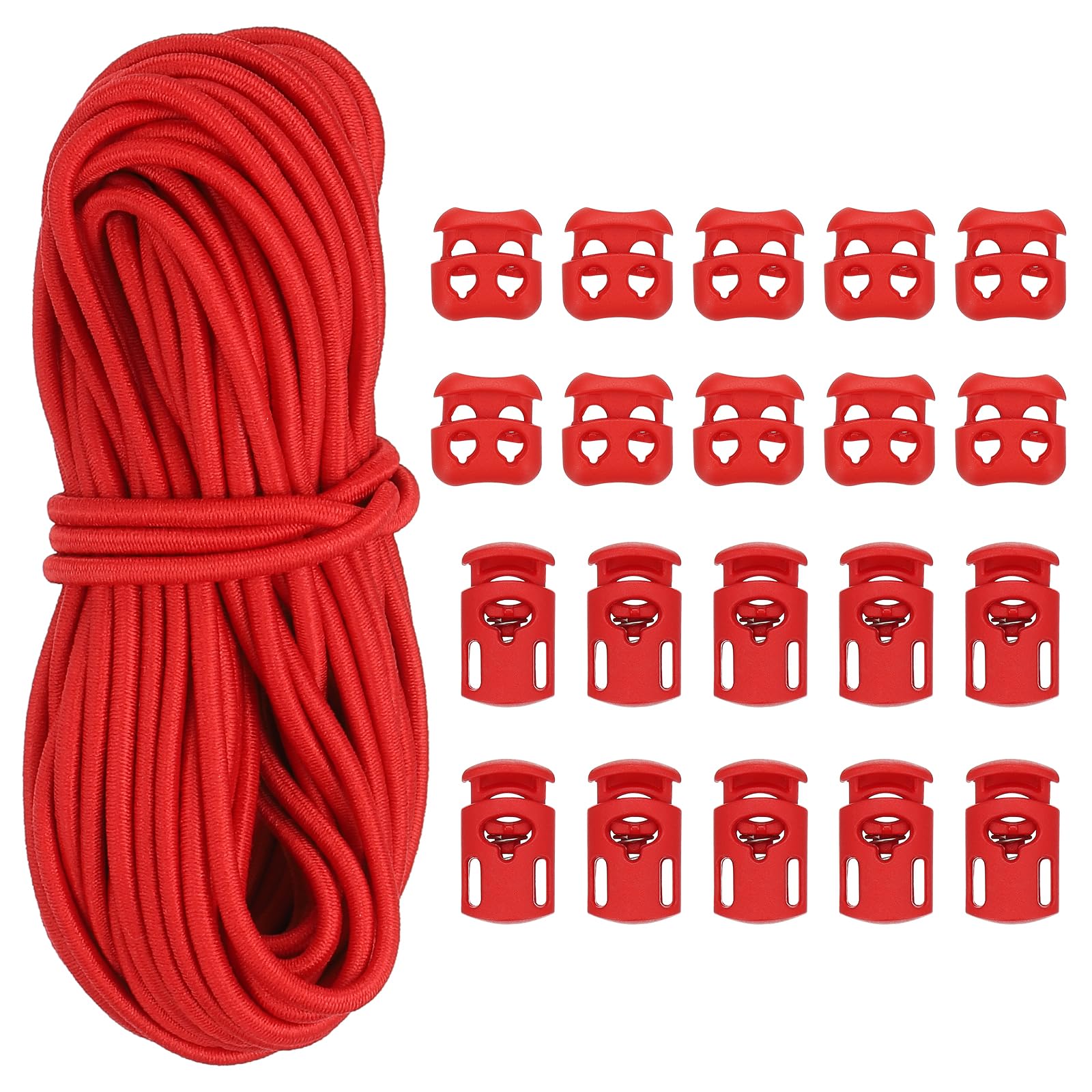 PATIKIL 16 Yard Elastic Bungee Cord & 10pcs Single Hole Cord Lock & 10pcs Double Hole Spring Toggle Stopper for Paracord Drawstring Shoelace Clothing Backpack Bags, Red