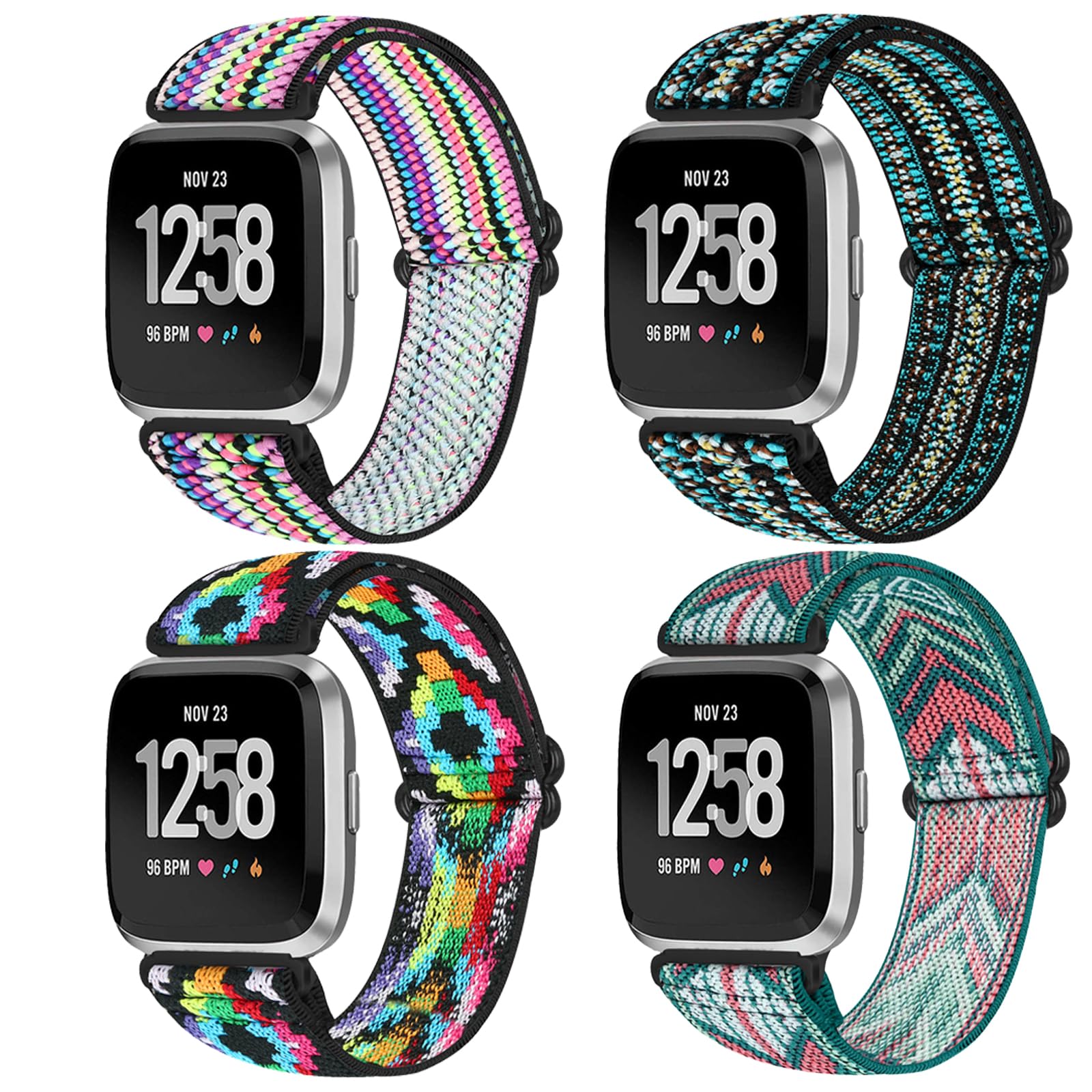 HUYIIO 4 Pack Adjustable Straps Compatible with Fitbit Versa 2 Straps,Soft Breathable Nylon Sport Band Stretchy Replacement Wristband For Women Men for Fitbit Versa 2/Versa/Versa Lite/SE
