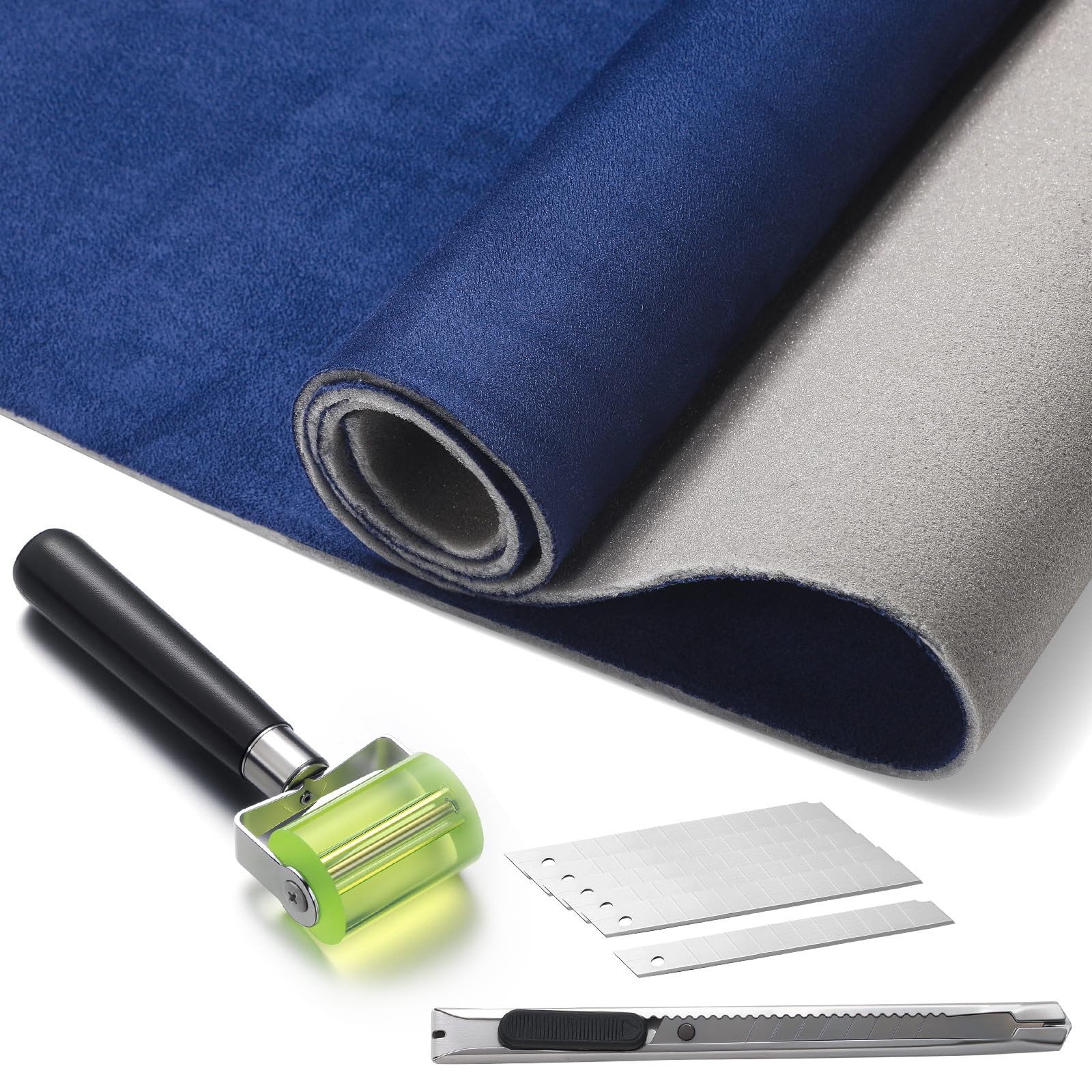 Photo 1 of Pangda Suede Headliner Fabric 98 x 60'' with 1/9" Foam Backing Car Roof Headliner Fabric Suede Material Rubber Seam Roller Utility Knife for DIY Automotive RV Boat Ceiling Interior Repair(Blue)
