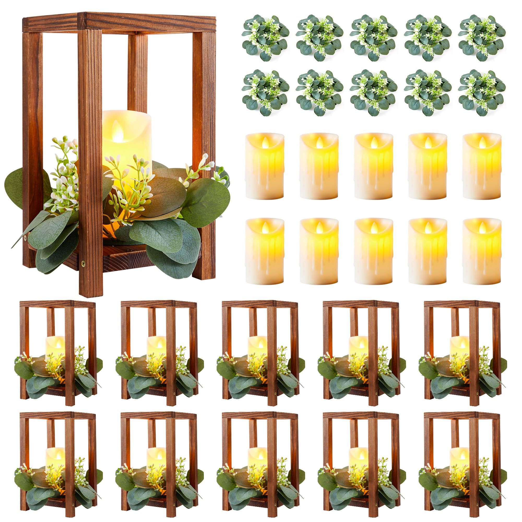 Photo 1 of Neoflavie 30 Pcs /10 Set Wedding Lantern Centerpiece for Table-Wooden Candle Lantern Bulk Includes 10 Farmhouse Wooden Candle Holder 10 Flameless LED Candles 10 Eucalyptus Leaves Wreath for Decoration