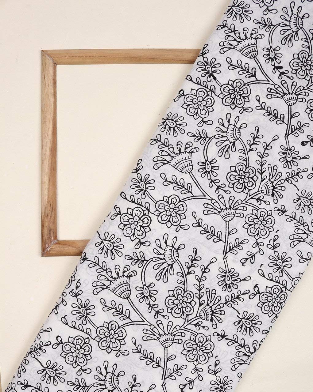 Fabriclore White & Black Floral Hand Block Cotton Fabric by The Yard