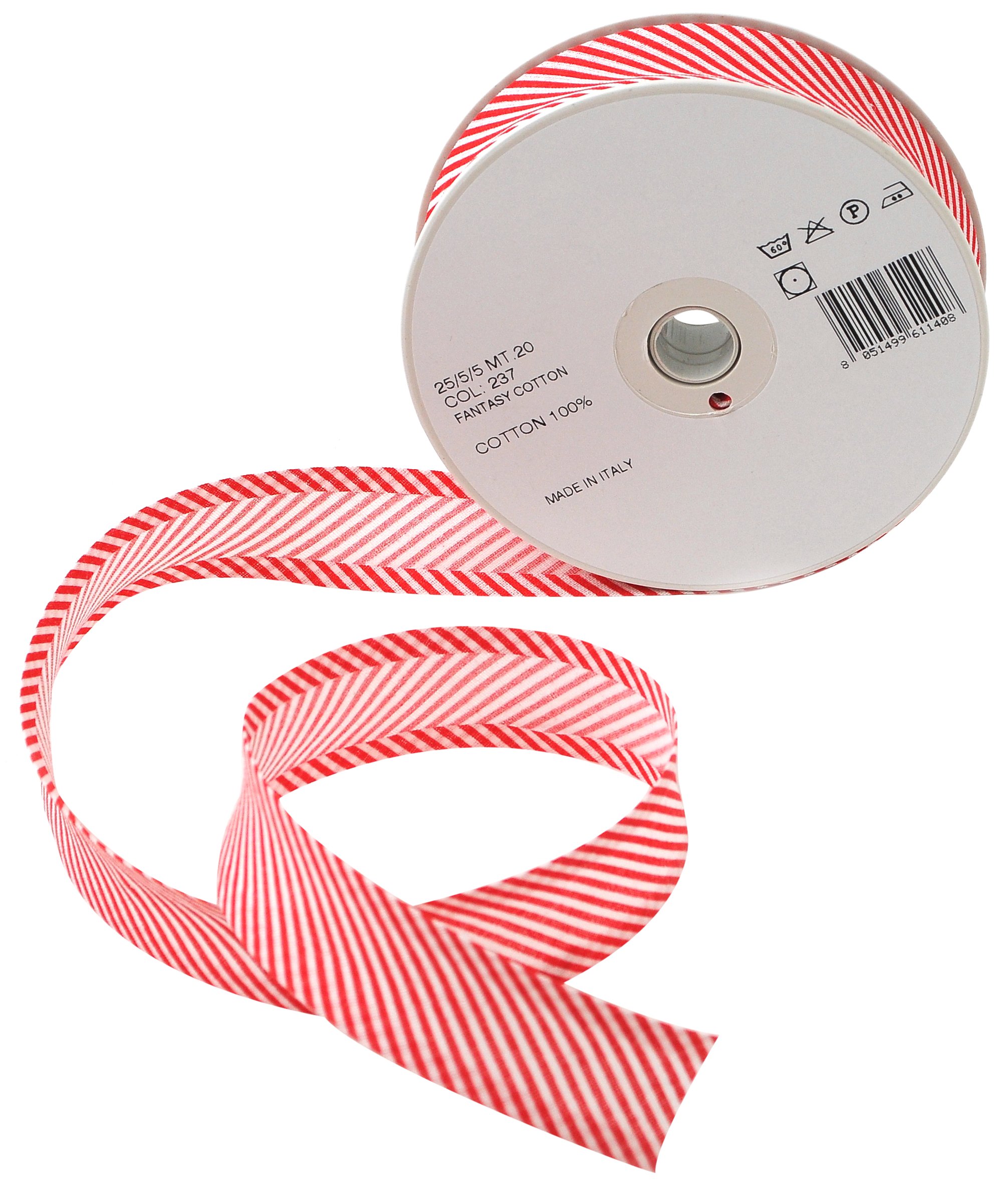 Inastri 25/5/ 5 mm Cotton Bias Binding in Red Striped White 237