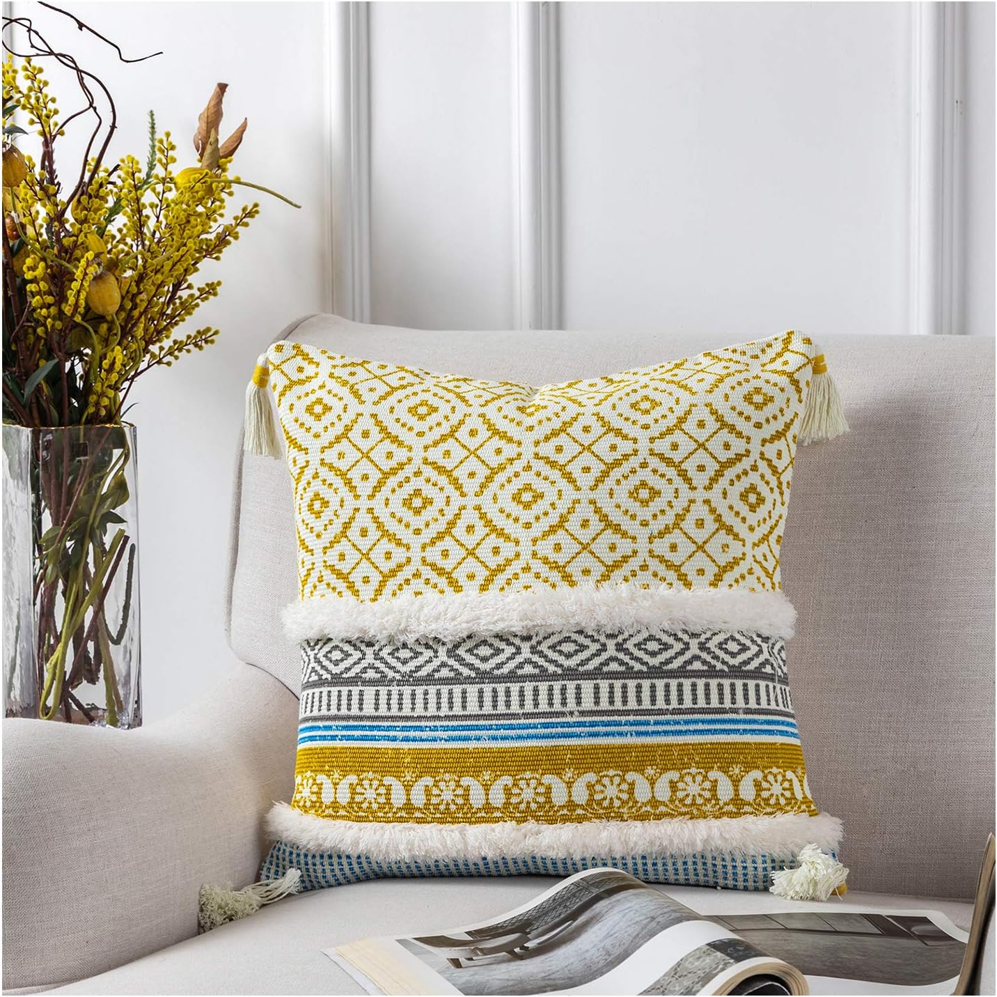 Azume Boho Tufted Pillow Cover Cotton Woven Throw Pillow Covers with Tassel 18 x 18 Inch Tribal Pillow Cover for Bedroom, Cushion, Sofa, Chair, Yellow