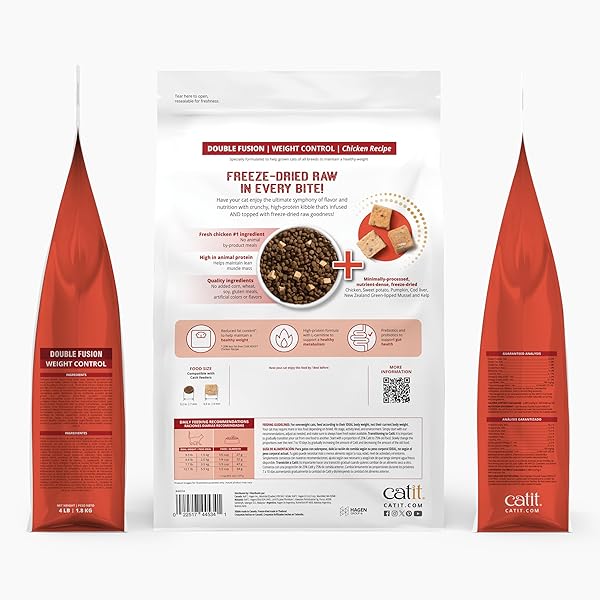 CATIT RECIPES DOUBLE FUSION WEIGHT CONTROL CAT FOOD – CHICKEN RECIPE, HIGH-PROTEIN, FREEZE-DRIED RAW TOPPINGS, NO BY-PRODUCTS, MINIMALLY PROCESSED, BALANCED NUTRITION, 4 LB