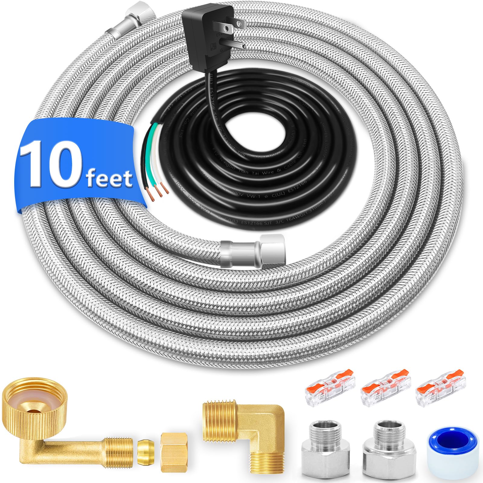 Photo 1 of Dishwasher Installation Kit - 10 FT Stainless Steel Dishwasher Hose with 3/8" Compression Connections,Food Grade PEX Inner Tube Dishwasher Water Supply Line with Elbows,Adapters and 6 FT Power Cord