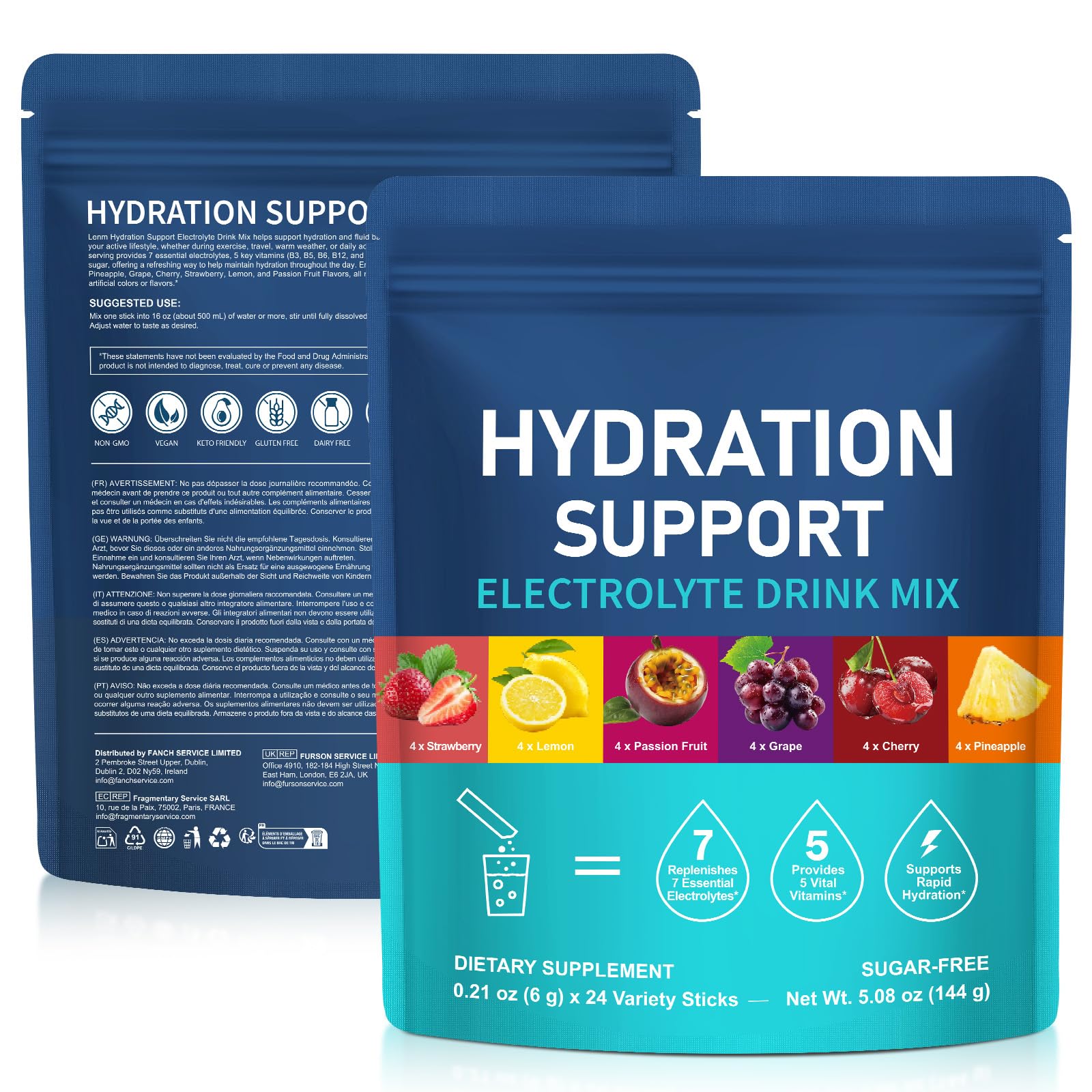 Elektrolyte Pulver Hydration 24 Beutel, 7 Essenzielle Mineralstoffe & 5 Vitamine, schnelle Flüssigkeitszufuhr, schnelle Flüssigkeitszufuhr, Zuckerfreie Hydratationspäckchen 6 Geschmacksrichtungen