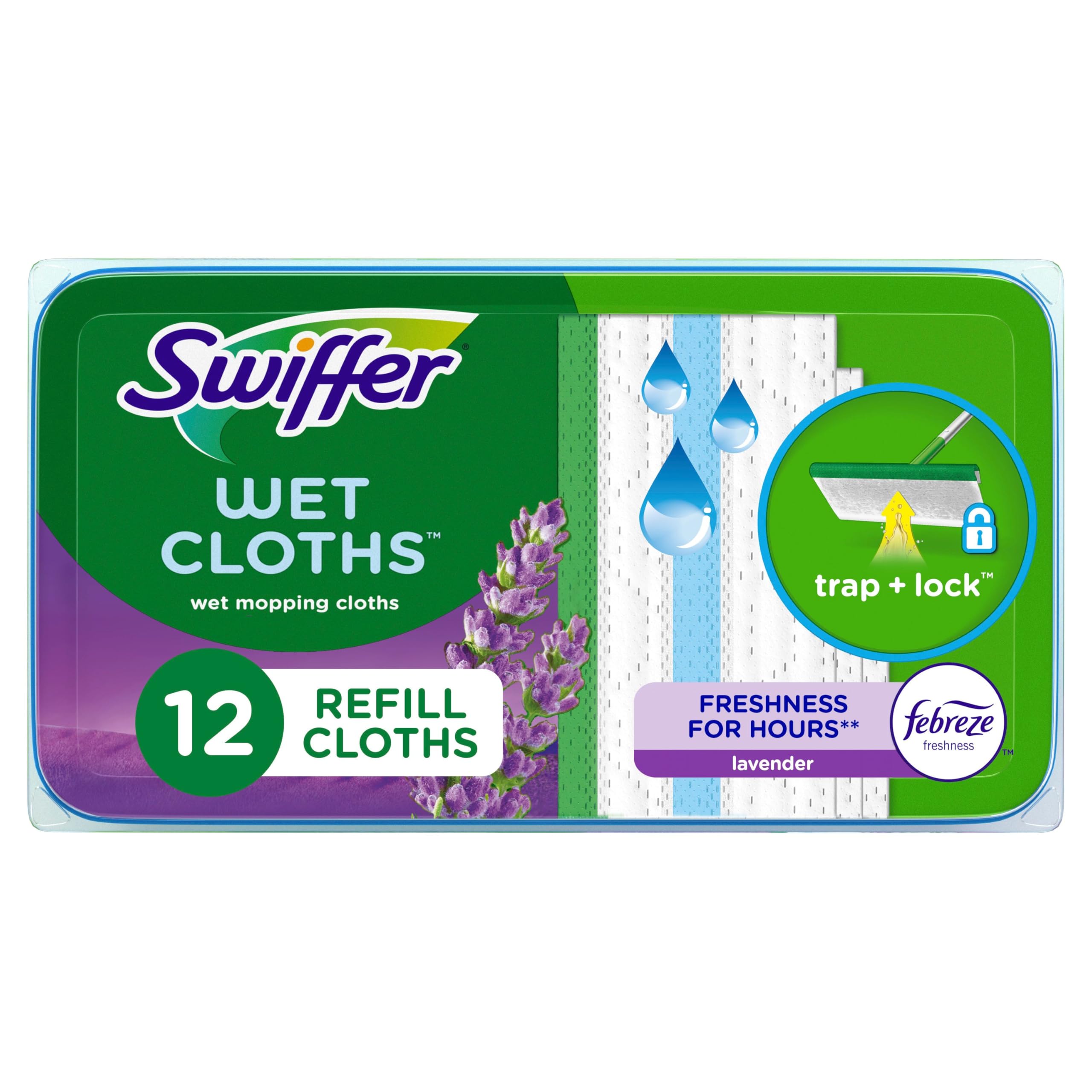 Swiffer Sweep + Mop, Wet Pads Refill, Floor Cleaner for Dirt, Dust, Hair, Cleaning Cloths for Mopping Home, Bathroom, Kitchen, All Purpose Multi-Surface Floor Wipes, Lavender, 12ct