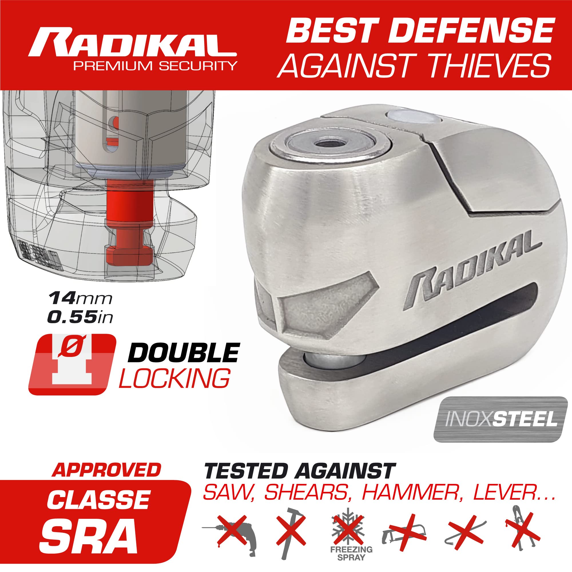 RADIKAL RK14S+RK402 Approved Alarm Disc Lock Motorcycle with Transport Bracket, Hardened Stainless Steel Double Locking, High-End Alarm System with Warning Optional Activation, LED Alert 14mm/0.55in