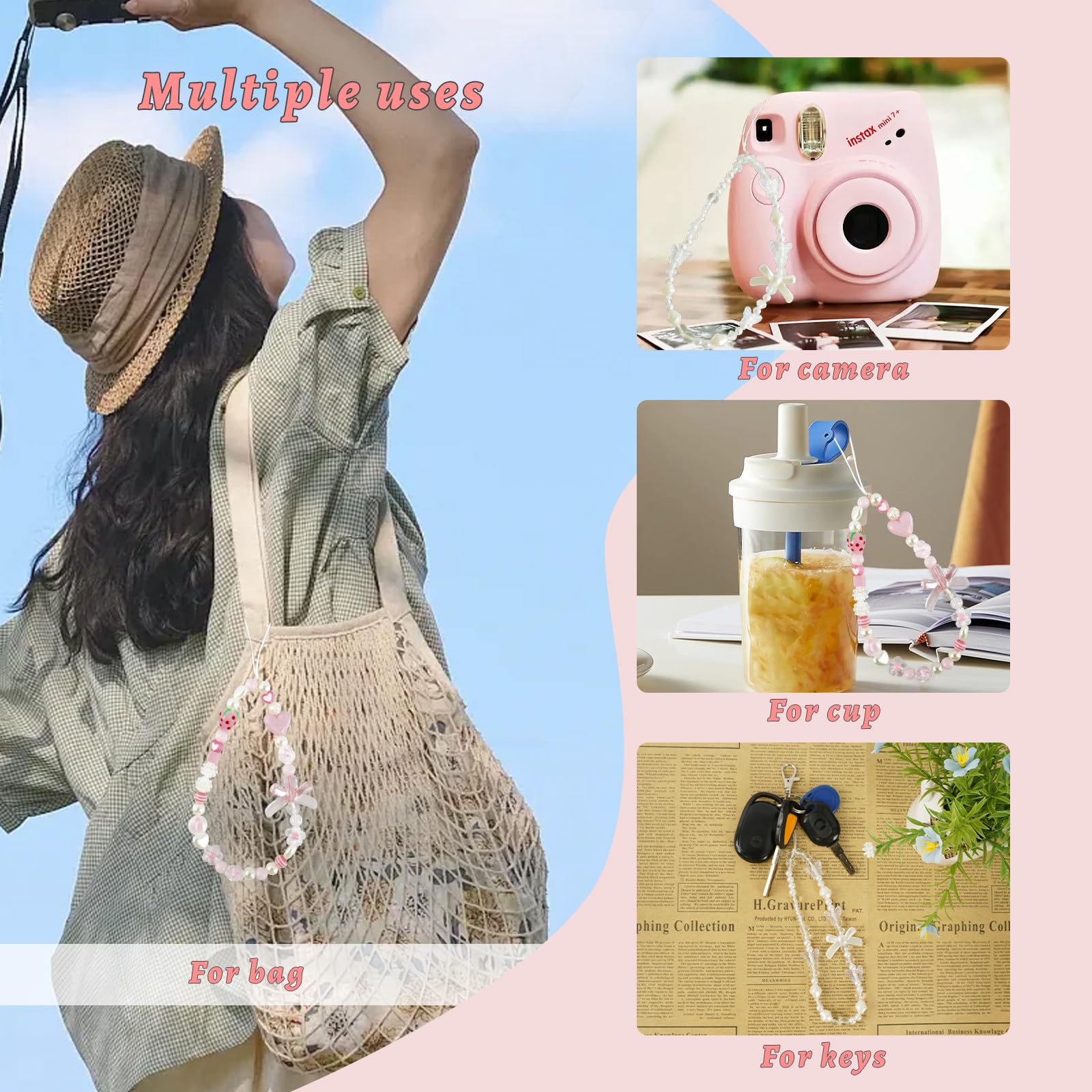 Pink Beaded Phone Wrist Straps, Y2K Phone Case Charms Camera Charm Strap, Lanyard Keychain Wristlet Aesthetic Cellphone Charm