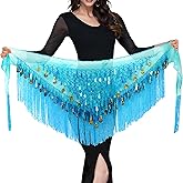 MUNAFIE Belly Dance Hip Scarf with Tassels Sequins, Triangle Coins Wrap Skirt Music Festival Clothing Skirt