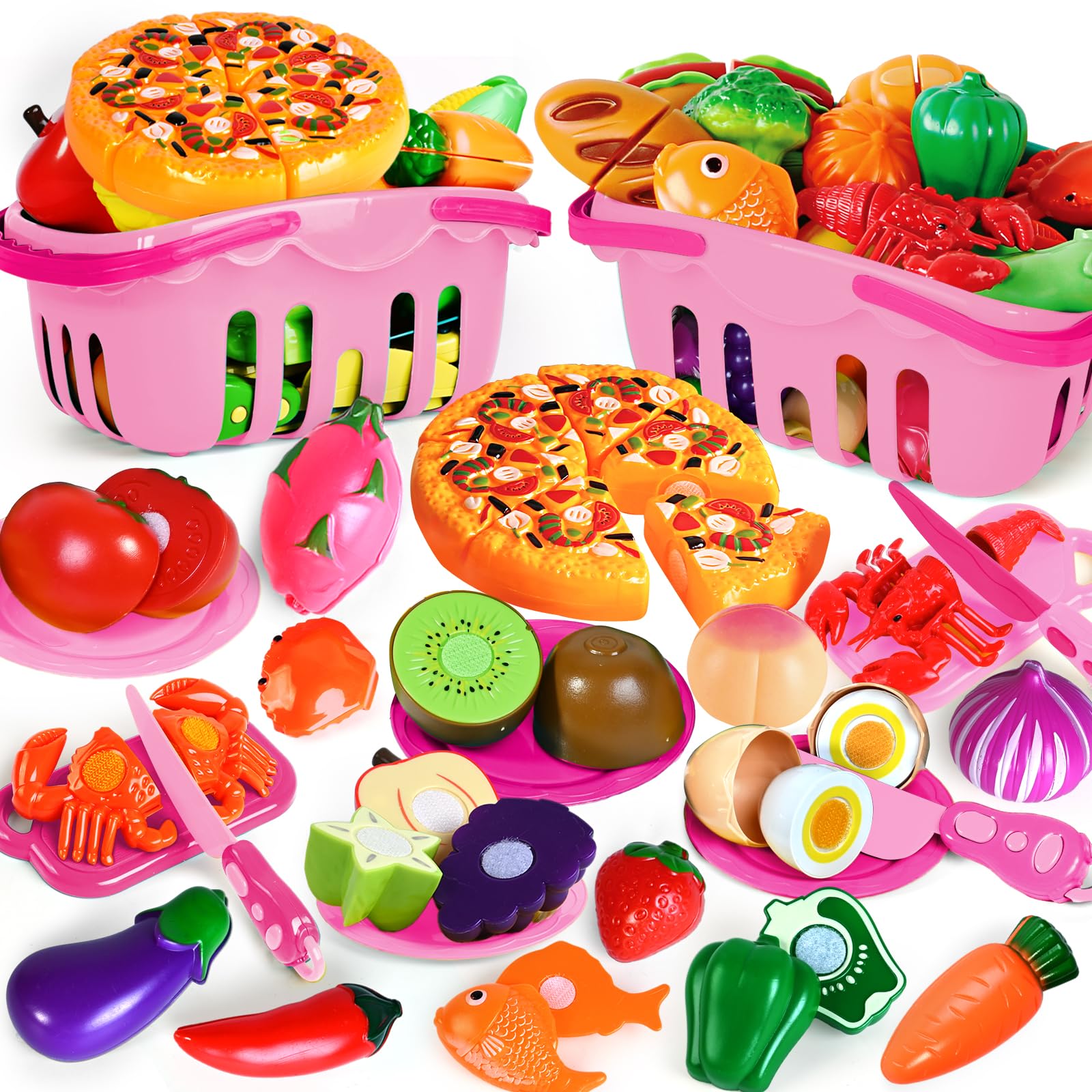 Photo 1 of 100 Pcs Play Food Set for Kids Kitchen, Pretend Food Toy for Toddlers, Play Kitchen Toys Accessories with 2 Baskets, Cutting Fake Food/Fruit/Vegetable, Christmas Birthday Gifts for Boys and Girls