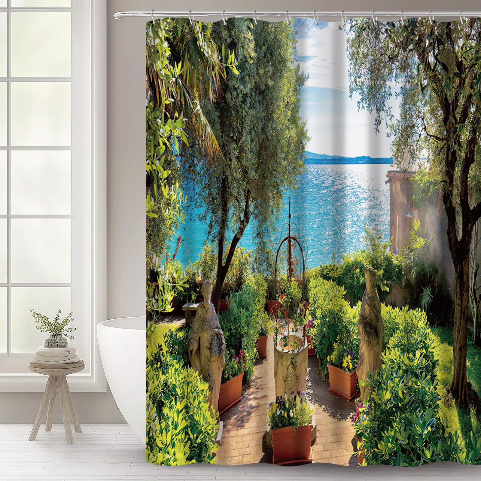 WOWTOY Shower Curtain with 12 Hooks, Waterproof Polyester Fabric Bathroom Bathtub Shower Curtain Liner, Weighted Hem, Washable, Quick Dry (180 x 200cm, Garden 05)