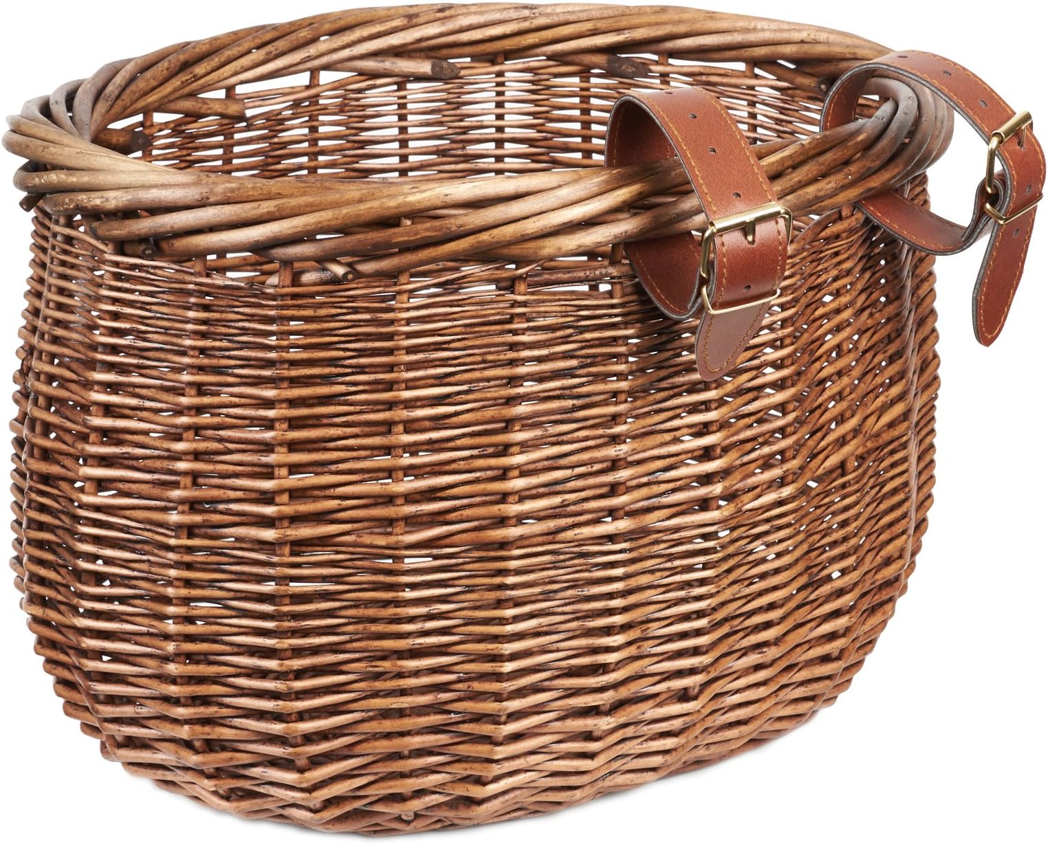 Hardcastle Round Wicker Bike Basket With Leather Handlebar Straps - Brown Wicker Colour
