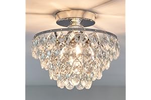 YYJLX Modern E26 Small Crystal Chandelier Semi Flush Mount Ceiling Light Fixture Silver Ceiling Lamp for Hallway Bedroom Bathroom Closet Bedroom Foyer （Chrome）
