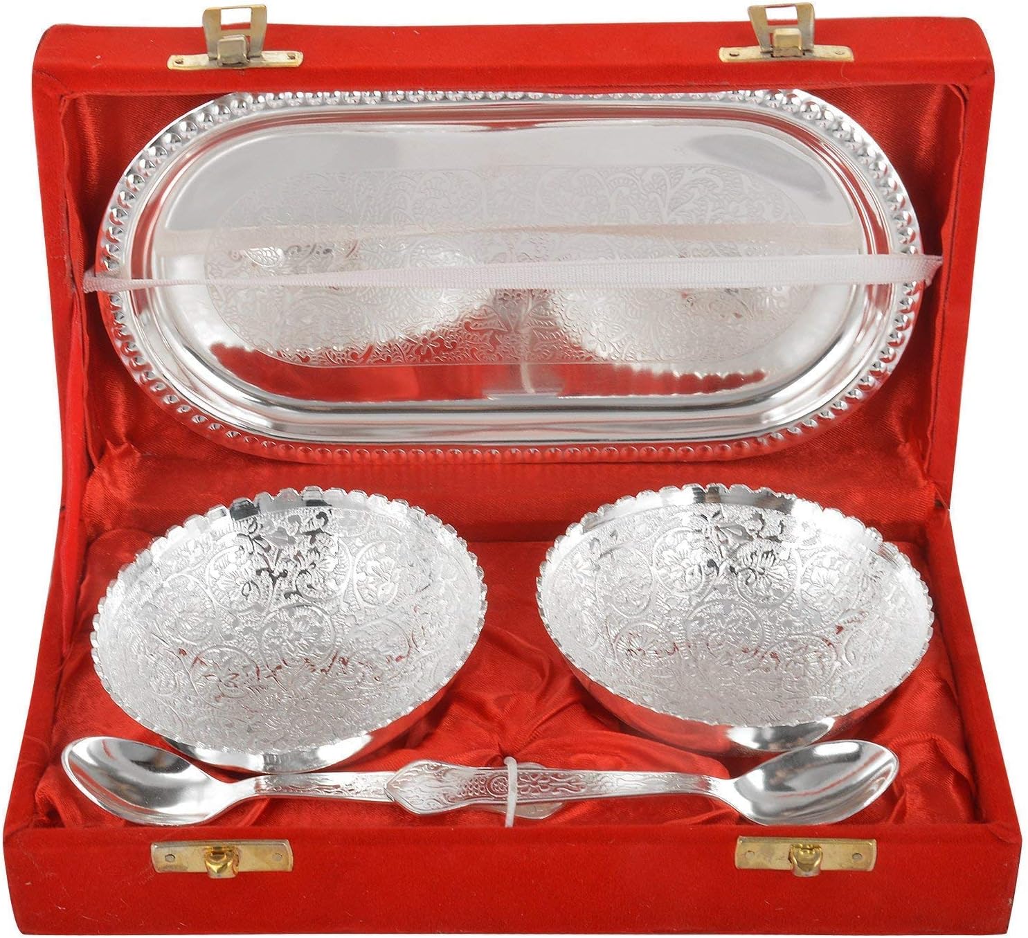 Indian Worship Article Rajasthan Emporium and Handicrafts Jaipur Ace German Silver Bowl, Spoon and Tray Set