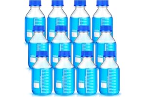 Irenare 12 Pieces Media Storage Bottles Borosilicate Storage Glass Scientific Round Graduated Media Bottle with Blue Gl45 Screw Cap for Lab Water Reagent Liquids (1000 ml)