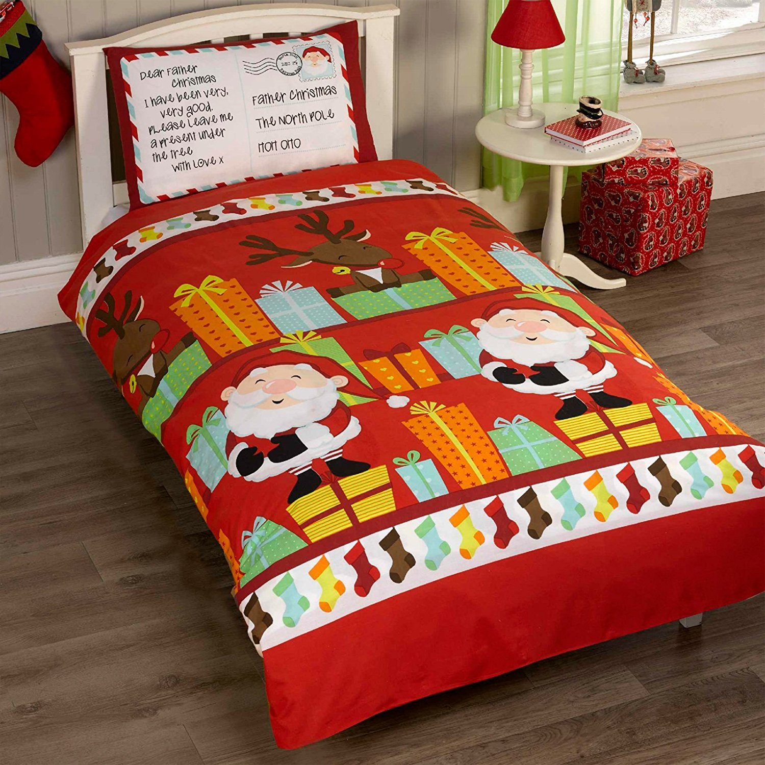 Father Christmas Kids Santa Presents Xmas Quilt Duvet Cover and Pillowcase Bedding Bed Set, Multi-Colour, 2 pcs, Single