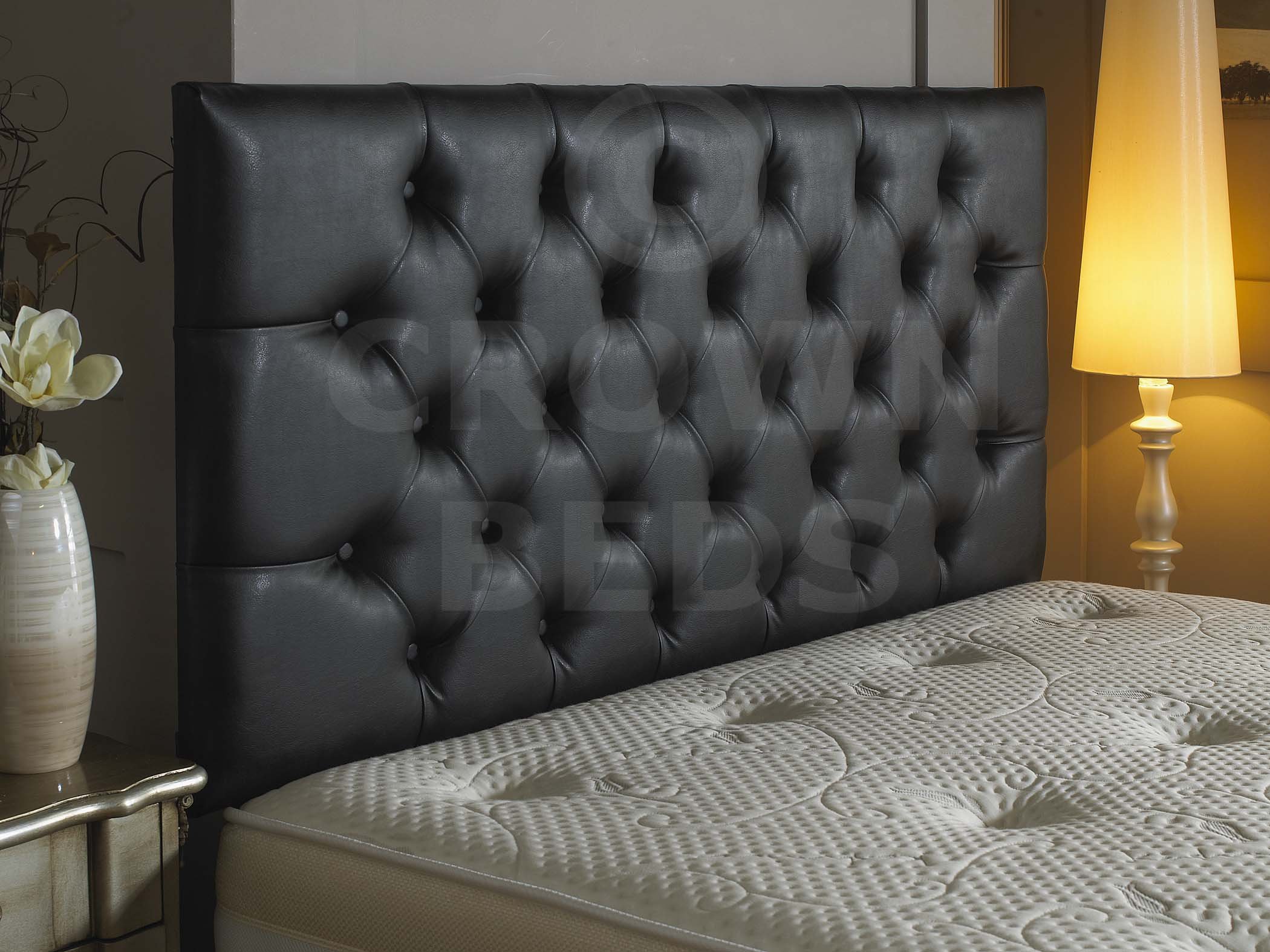 CROWNBEDSUK QUALITY FAUX LEATHER HEADBOARD MATCHING BUTTONS (BLACK, 6ft)
