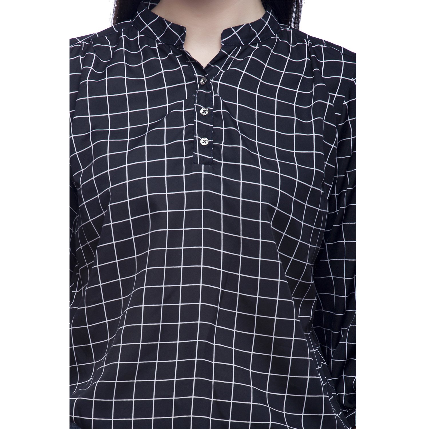 mallory winston light blue floral & black checkerd women's balloon top