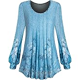 AxByCzD Womens Trendy Dressy Casual Fall Clothes Puff Sleeve Scoop Neck Floral Blouse Tops
