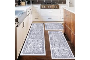 Vaukki Boho Kitchen Rug Sets 3 Pieces, Washable Kitchen Mats for Floor, Non Slip Soft Vintage Kitchen Area Rug Floor Mat for Kitchen, Laundry Room and Hallway (Grey, 20''x32''+20''x47''+20''x59'')