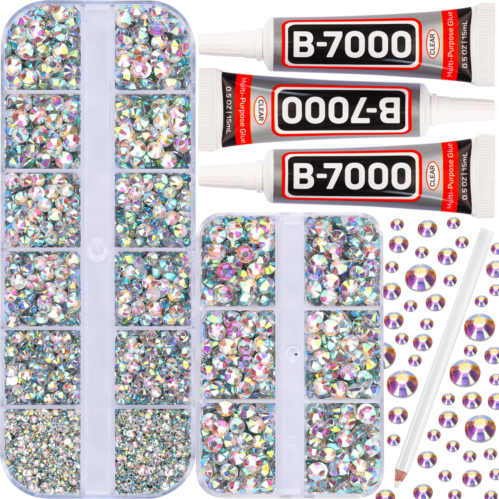 Photo 1 of 7500Pcs AB Crystal Iridescent Rhinestones Flatback with b7000 Gem Glue for Crafts Clothes Clothing Crafting, Stones Flat Back Rhinestones for Fabric Shoes Tumblers Shirt, AB Diamonds 2/3/4/5mm Mix