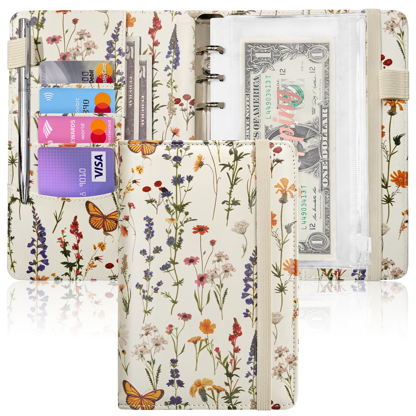 Photo 1 of A6 Budget Binder for Money Saving, PU Leather Budget Planner with 8 Cash Envelopes, Budget Sheets & Rose Gold Category Stickers, Money Organizer for Cash (Vintage Floral White)