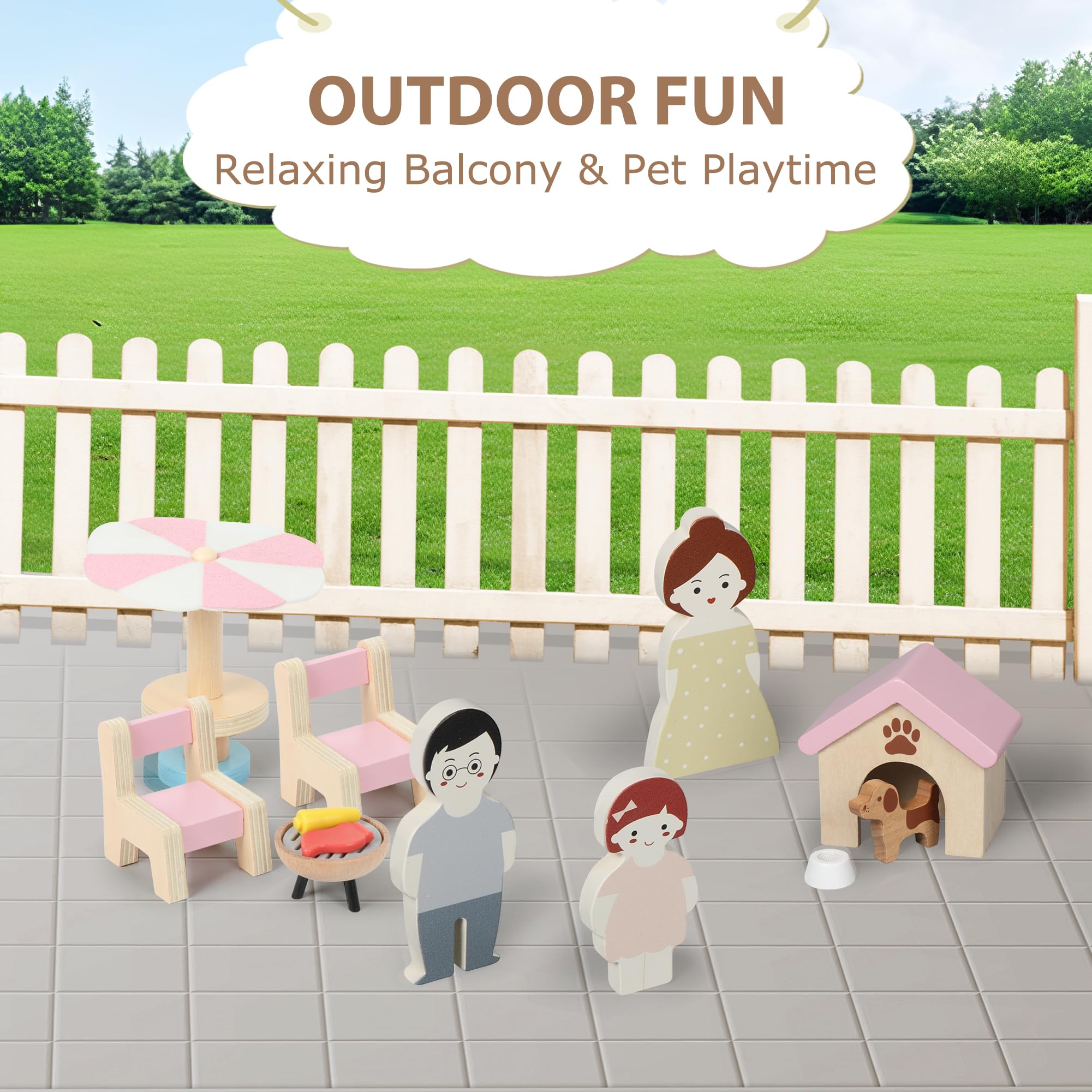 Pithfor Wooden Dollhouse Furniture Set, Dollhouse Accessories and Furniture, with 7 Rooms 3 Dolls, Includes Patio Set & Dog Set, Doll House Furniture Toys Gift for Kids Boys Girls