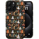 Amzfield for iPhone 15 Pro Case Halloween Fall Black Book Phone Case | Aesthetic Cute Cool Chic for Girl Women, Scratch Resistant Protective Girly Case for iPhone 15 Pro, Ghost & Books