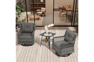 Suvivityse 3 Piece Patio Set Outdoor Swivel Chair, Wicker Patio Bistro Set with Rocking Chair, Side Table for Garden Porch Backyard(Light Grey)